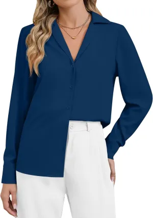 Women's Business Casual Tops Elegant Satin Silk Long Sleeve Button Down Shirts Lapel Collar V Neck Chiffon Work Blouses
