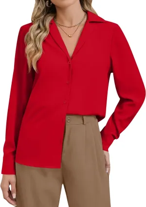 Women's Business Casual Tops Elegant Satin Silk Long Sleeve Button Down Shirts Lapel Collar V Neck Chiffon Work Blouses