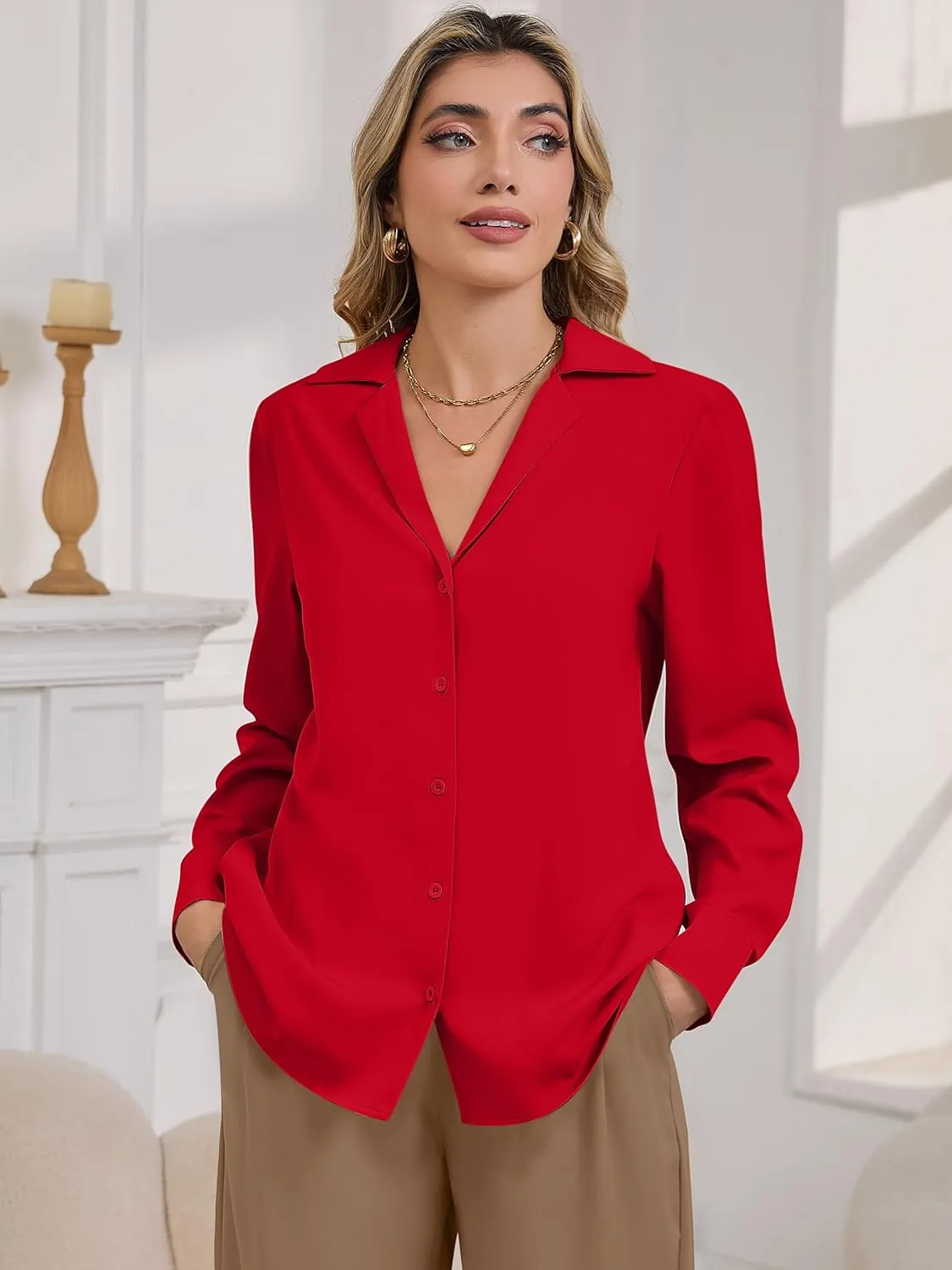Women's Business Casual Tops Elegant Satin Silk Long Sleeve Button Down Shirts Lapel Collar V Neck Chiffon Work Blouses