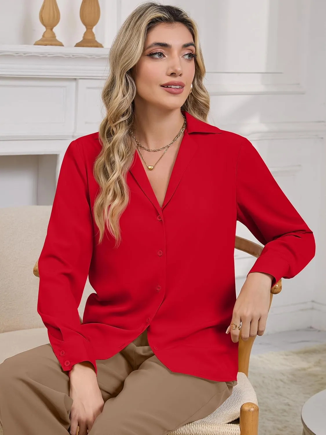 Women's Business Casual Tops Elegant Satin Silk Long Sleeve Button Down Shirts Lapel Collar V Neck Chiffon Work Blouses