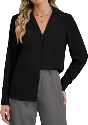 Women's Business Casual Tops Elegant Satin Silk Long Sleeve Button Down Shirts Lapel Collar V Neck Chiffon Work Blouses