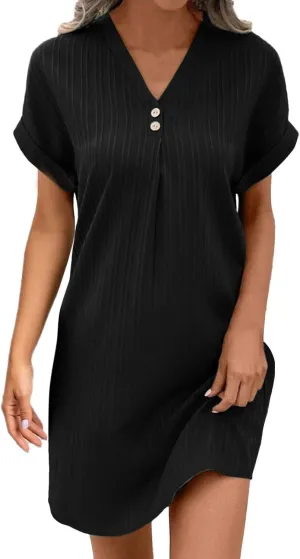 Womens Button Down Shirt Dresses Summer Cotton Linen Dress V-Neck Mini Dress Casual Short Sleeve Loose Tunic Dresses