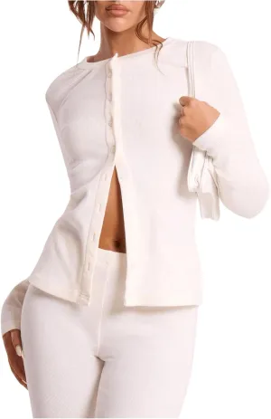 Women's Button Front Long Sleeve T Shirt Crew Neck Ribbed Knit Cardigan Open Front Slim Fitted Casual Tops
