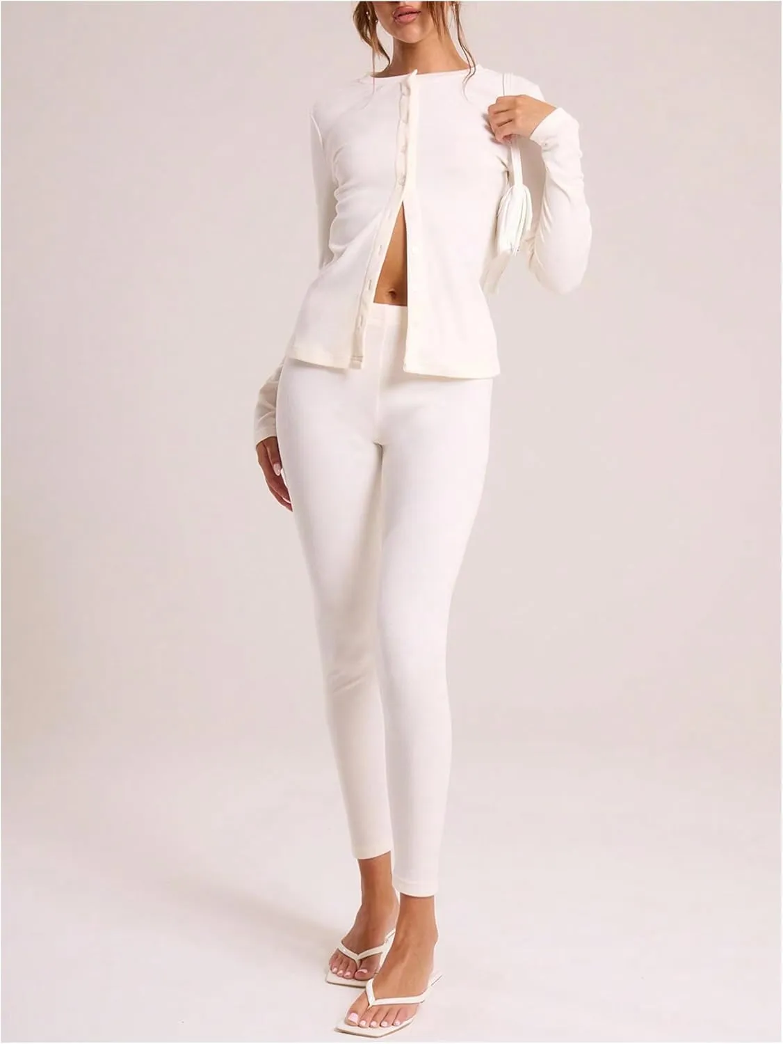 Women's Button Front Long Sleeve T Shirt Crew Neck Ribbed Knit Cardigan Open Front Slim Fitted Casual Tops