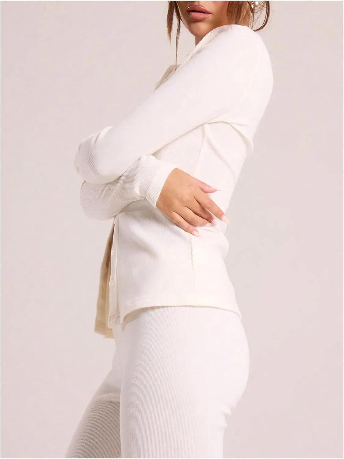Women's Button Front Long Sleeve T Shirt Crew Neck Ribbed Knit Cardigan Open Front Slim Fitted Casual Tops