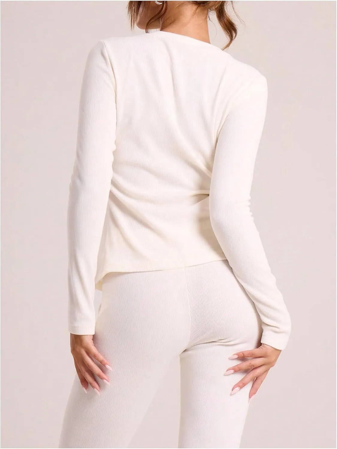 Women's Button Front Long Sleeve T Shirt Crew Neck Ribbed Knit Cardigan Open Front Slim Fitted Casual Tops