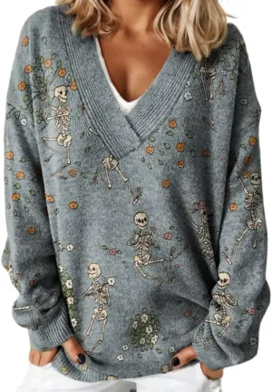 Women's Casual Cute Graphic Print V-Neck Pullover Sweater Fall and Winter Oversized Vintage Long Sleeve Floral Tops