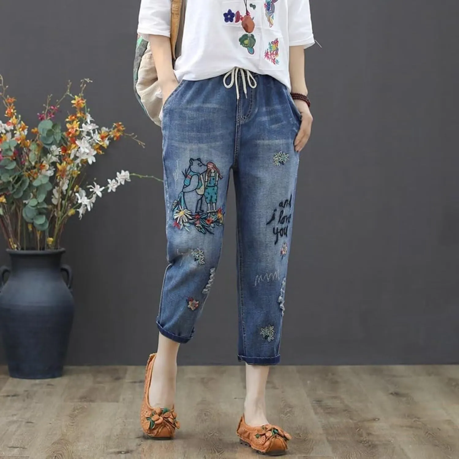 Womens Casual Loose Cropped Denim Jeans Elastic Waist Drawstring Floral Embroidered Capri Jeans Harem Denim Pants