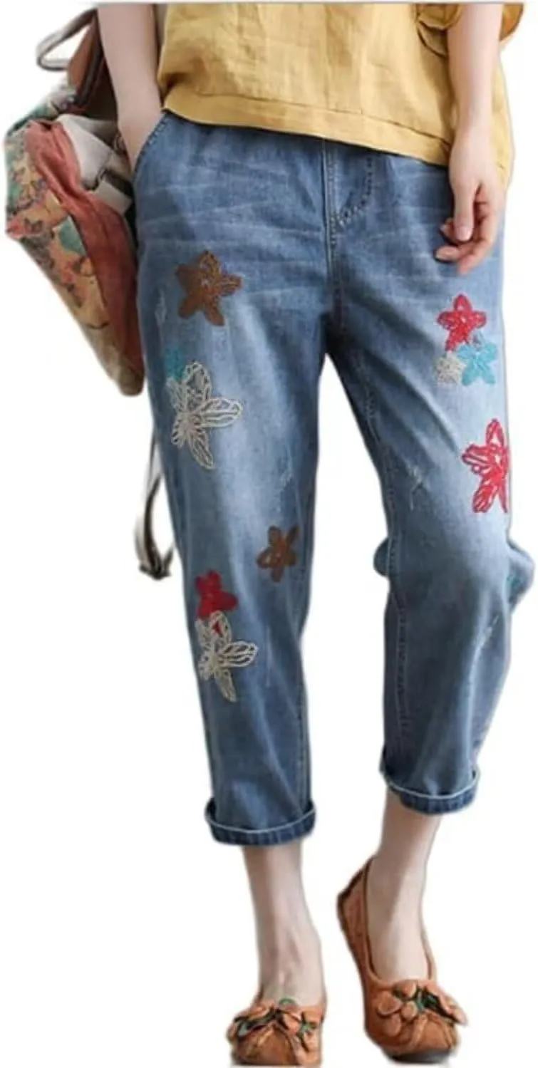 Womens Casual Loose Cropped Denim Jeans Elastic Waist Drawstring Floral Embroidered Capri Jeans Harem Denim Pants