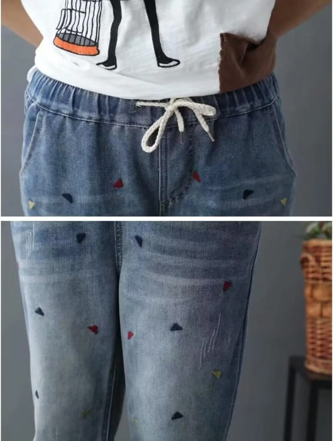Womens Casual Loose Cropped Denim Jeans Elastic Waist Drawstring Floral Embroidered Capri Jeans Harem Denim Pants