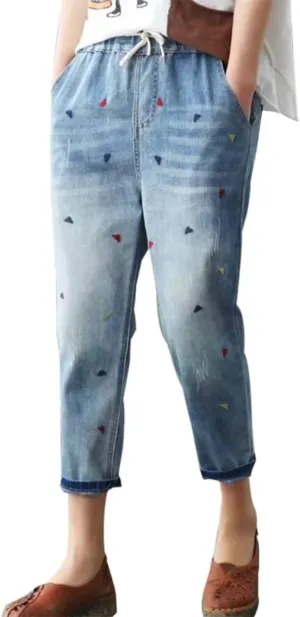 Womens Casual Loose Cropped Denim Jeans Elastic Waist Drawstring Floral Embroidered Capri Jeans Harem Denim Pants
