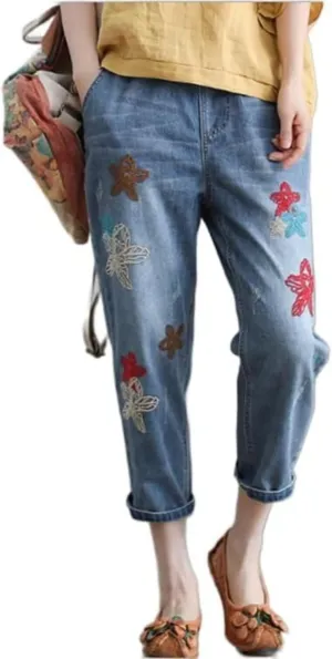 Womens Casual Loose Cropped Denim Jeans Elastic Waist Drawstring Floral Embroidered Capri Jeans Harem Denim Pants