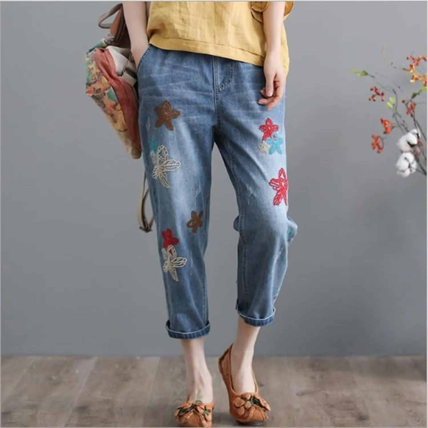 Womens Casual Loose Cropped Denim Jeans Elastic Waist Drawstring Floral Embroidered Capri Jeans Harem Denim Pants