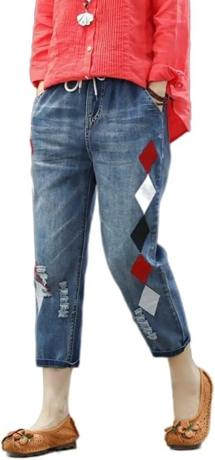 Womens Casual Loose Cropped Denim Jeans Elastic Waist Drawstring Floral Embroidered Capri Jeans Harem Denim Pants