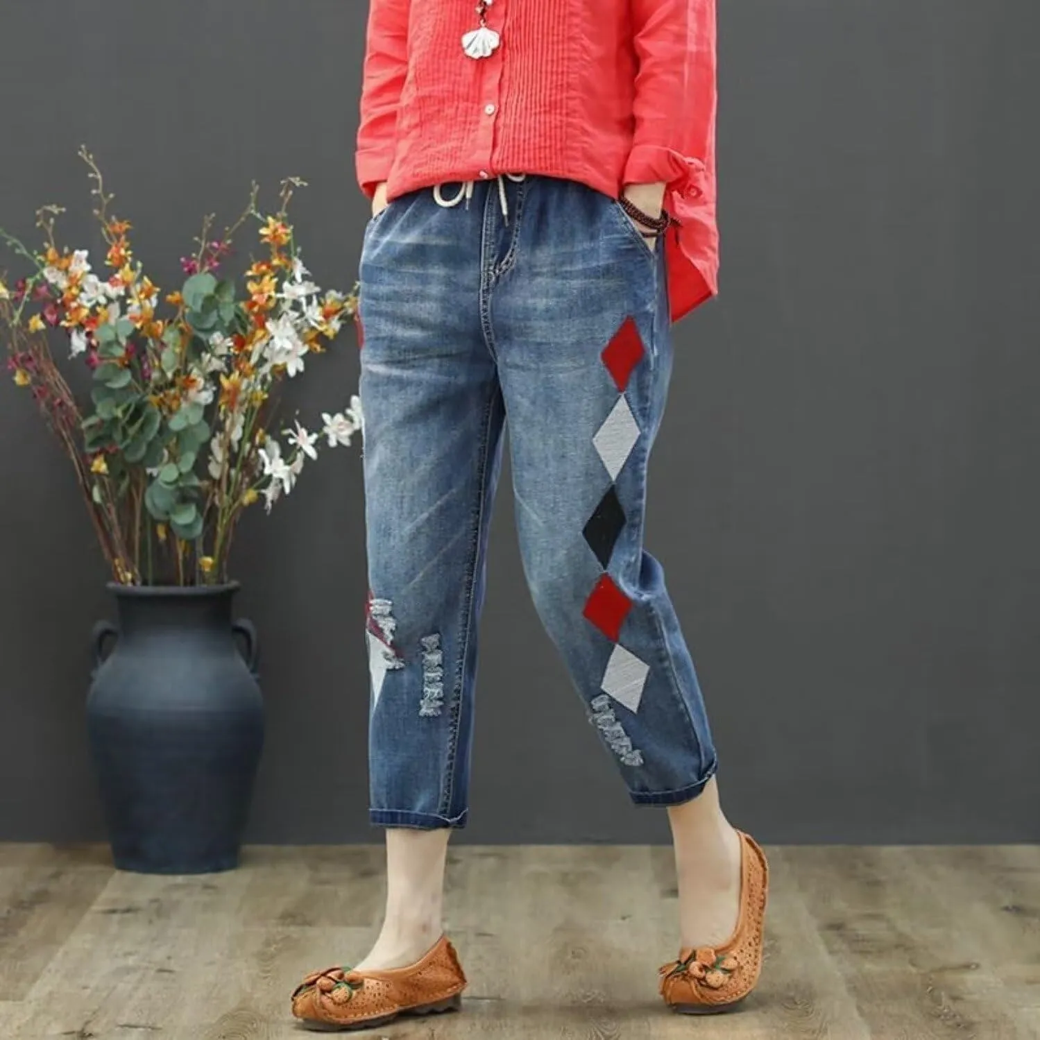 Womens Casual Loose Cropped Denim Jeans Elastic Waist Drawstring Floral Embroidered Capri Jeans Harem Denim Pants