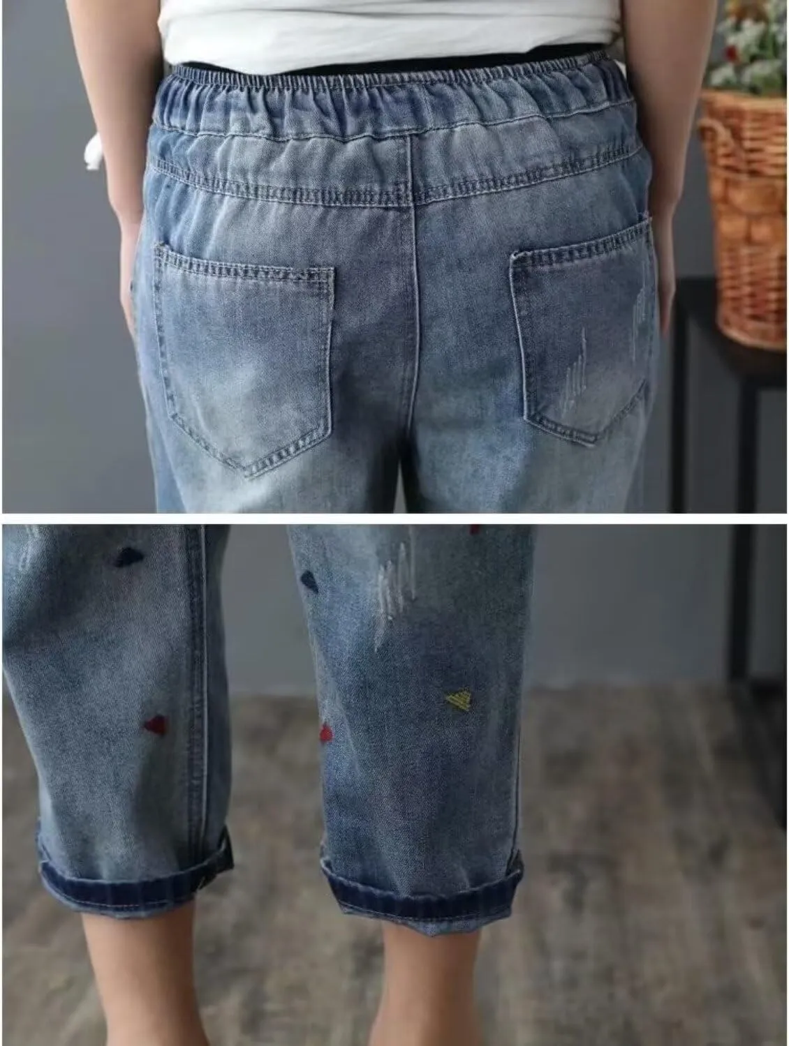 Womens Casual Loose Cropped Denim Jeans Elastic Waist Drawstring Floral Embroidered Capri Jeans Harem Denim Pants