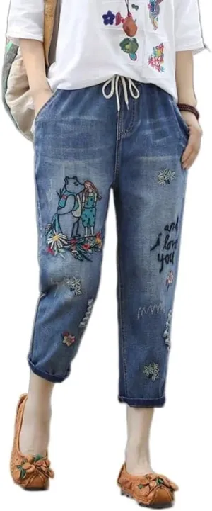 Womens Casual Loose Cropped Denim Jeans Elastic Waist Drawstring Floral Embroidered Capri Jeans Harem Denim Pants