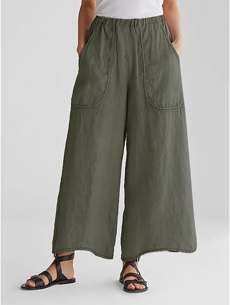 Womens Casual Middle Elastic Waisted Cotton Linen Wide Leg Pants with Pockets Cropped Trousers for Women