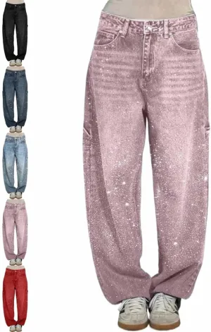 Women's Casual Rhinestone Loose Harem Jeans,Womens High Waisted Baggy Rhinestone Jeans,Straight Wide Leg Bling Denim Pants