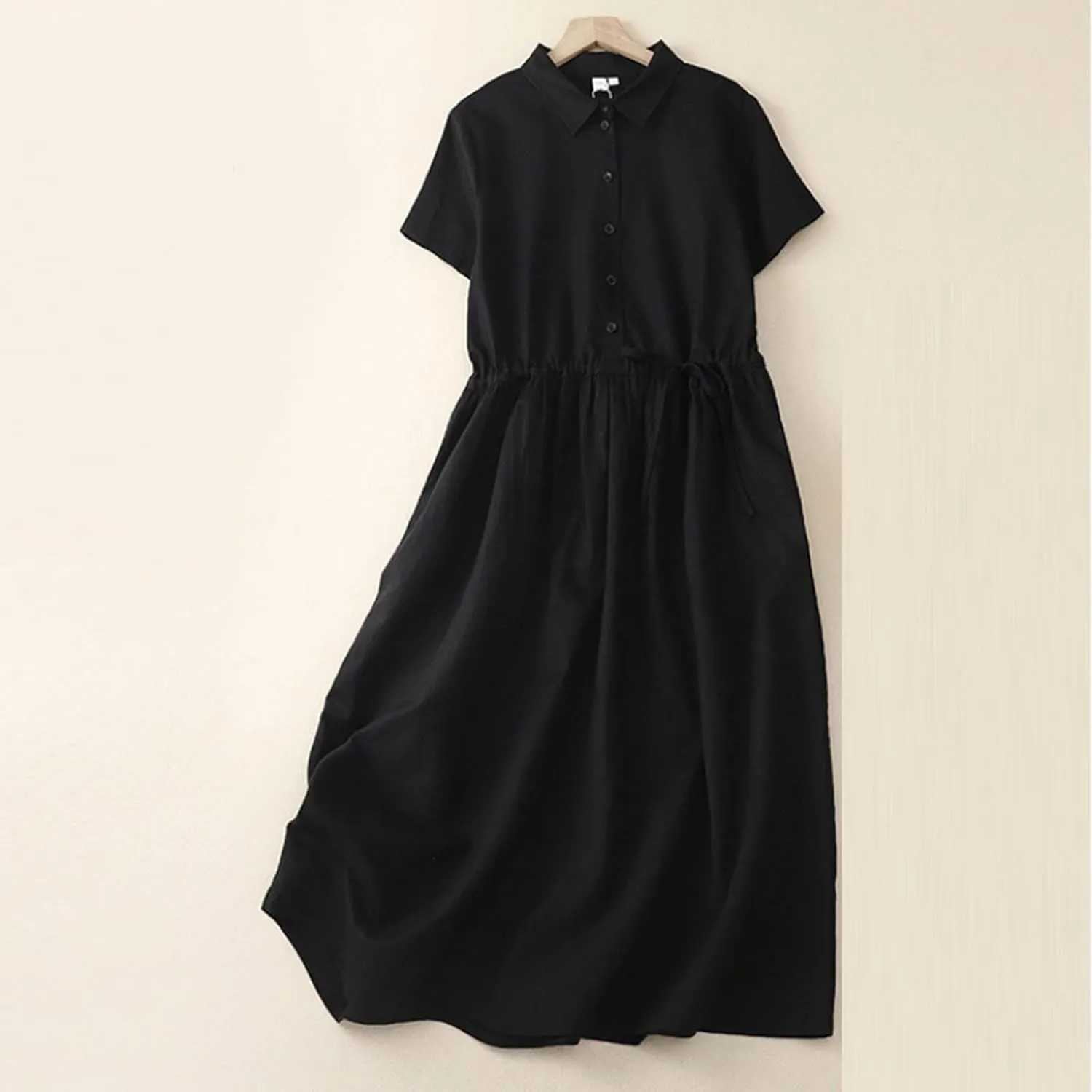 Women's Collared Short-Sleeve Button Front Tie Waist Casual Midi Dress Vintage Pleated Flowy Cotton Linen Dresses