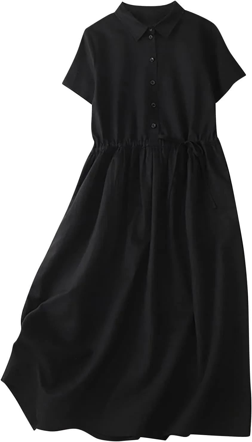 Women's Collared Short-Sleeve Button Front Tie Waist Casual Midi Dress Vintage Pleated Flowy Cotton Linen Dresses