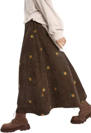 Womens Corduroy Floral Embroidery Long Skirts, Stretchy High Waist Pleated A-Line Swing Midi Skirt with Pockets
