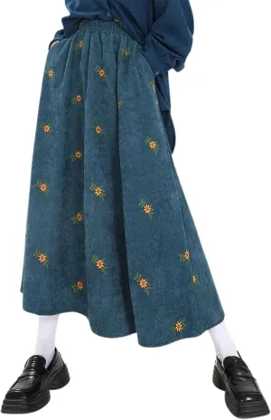 Womens Corduroy Floral Embroidery Long Skirts, Stretchy High Waist Pleated A-Line Swing Midi Skirt with Pockets