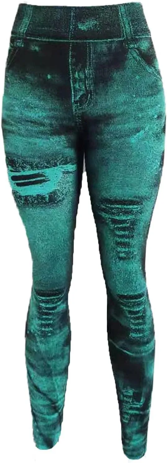Women's Denim Print Fake Jeans Leggings High Waist Butt Lift Elastic Slim Yoga Pants Stretch Comfy Casual Trousers