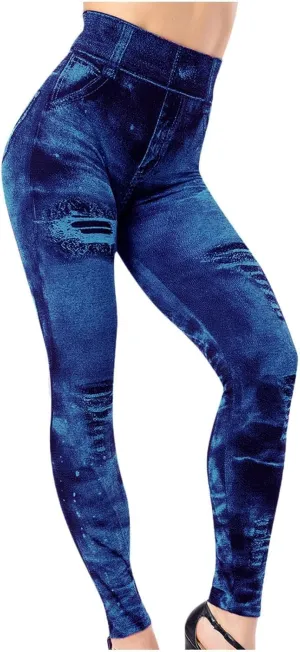 Women's Denim Print Fake Jeans Leggings High Waist Butt Lift Elastic Slim Yoga Pants Stretch Comfy Casual Trousers