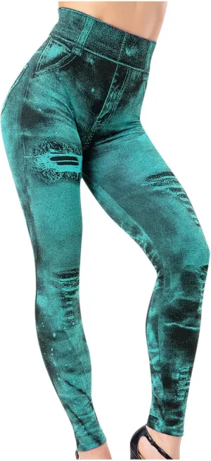 Women's Denim Print Fake Jeans Leggings High Waist Butt Lift Elastic Slim Yoga Pants Stretch Comfy Casual Trousers