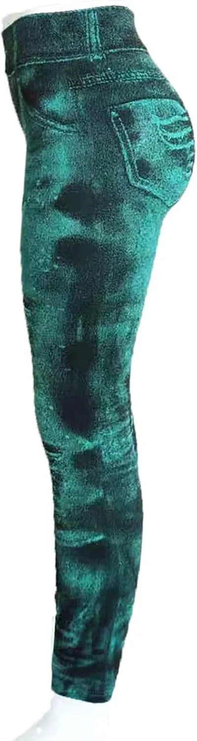 Women's Denim Print Fake Jeans Leggings High Waist Butt Lift Elastic Slim Yoga Pants Stretch Comfy Casual Trousers