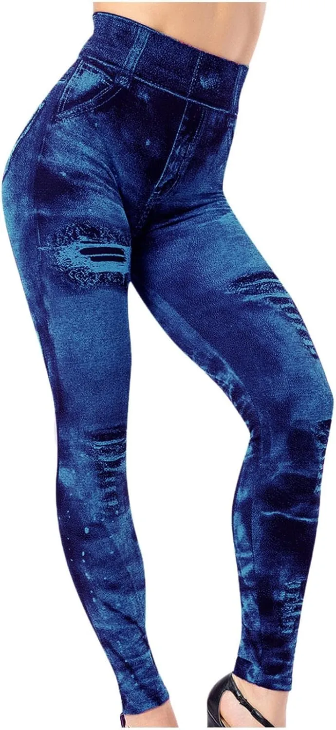 Women's Denim Print Fake Jeans Leggings High Waist Butt Lift Elastic Slim Yoga Pants Stretch Comfy Casual Trousers