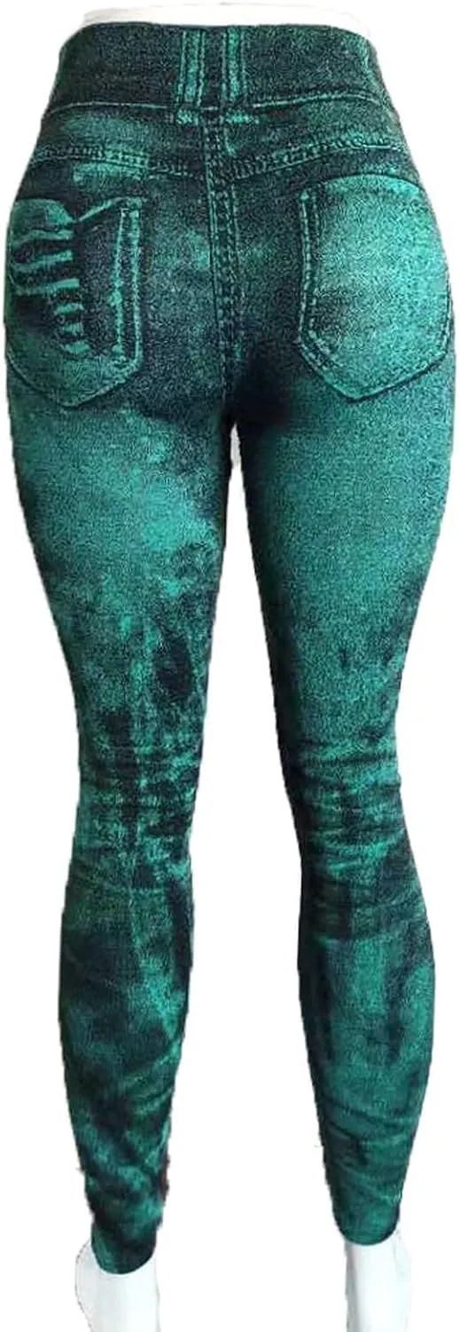 Women's Denim Print Fake Jeans Leggings High Waist Butt Lift Elastic Slim Yoga Pants Stretch Comfy Casual Trousers