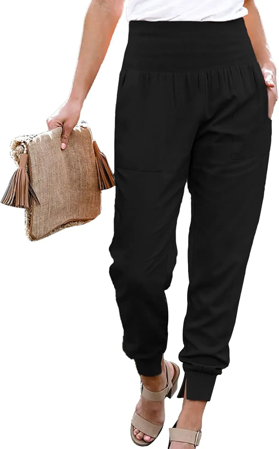 Womens Elastic High Waist Split Hem Pockets Trousers Ladies asual Sweatpants Loose Drawstring Pencil Pants(M-Black)