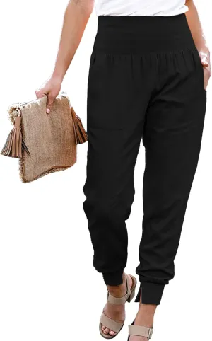 Womens Elastic High Waist Split Hem Pockets Trousers Ladies asual Sweatpants Loose Drawstring Pencil Pants(M-Black)