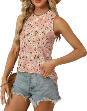 Womens Eyelet Dressy Casual Sleeveless Tank Tops Loose Crew High Neck Spring Summer Blouses Shirts for Women 2024
