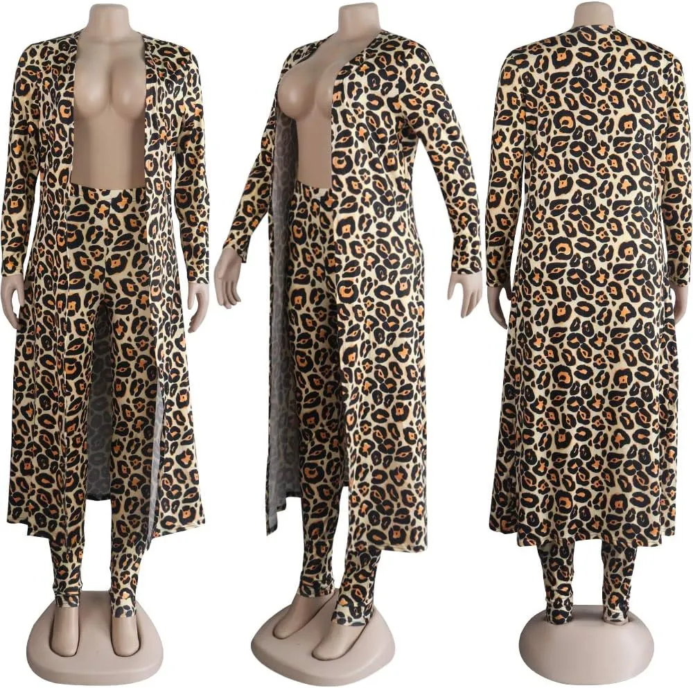 Womens Fashion Printed Long Cardigans 2 Piece Outfits,Long Sleeve Coat and Trousers Set