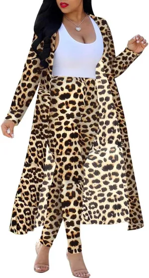 Womens Fashion Printed Long Cardigans 2 Piece Outfits,Long Sleeve Coat and Trousers Set