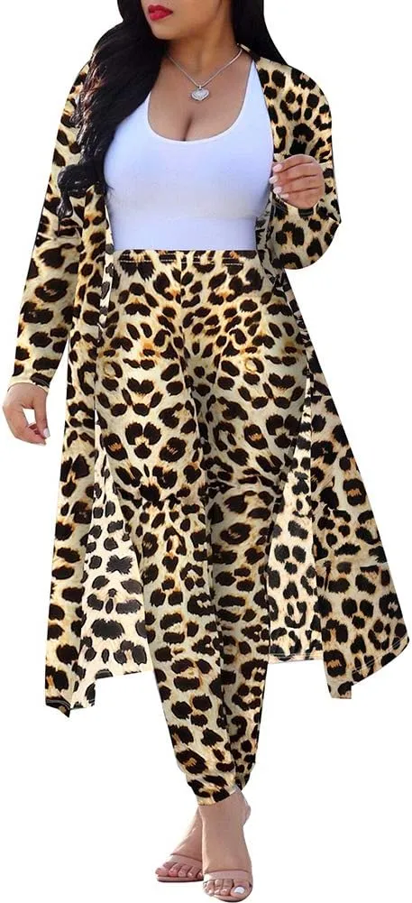 Womens Fashion Printed Long Cardigans 2 Piece Outfits,Long Sleeve Coat and Trousers Set