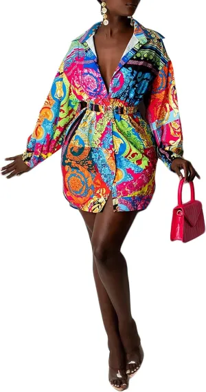 Women's Floral Button Down Shirt Dresses Casual Oversized Long Sleeve Button up Blouses Tops Mini Dress