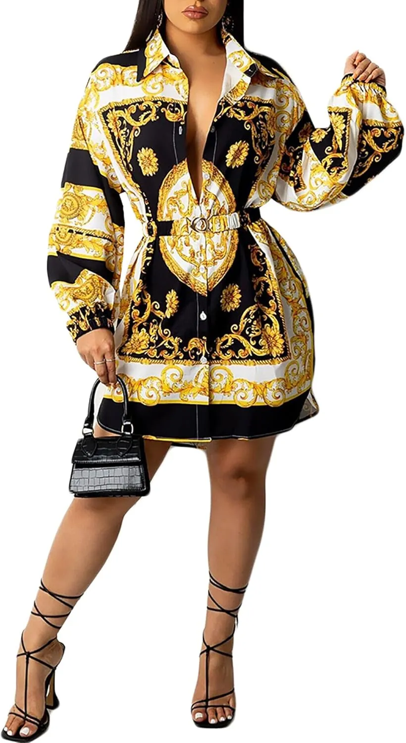 Women's Floral Button Down Shirt Dresses Casual Oversized Long Sleeve Button up Blouses Tops Mini Dress
