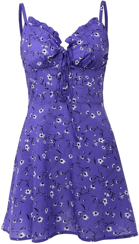 Women's Floral Print A Line Cami Dress Romper Spaghetti Strap Smocked Jumpsuit Tie Front Holiday Short Midi Dresses