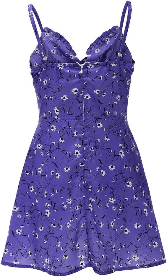 Women's Floral Print A Line Cami Dress Romper Spaghetti Strap Smocked Jumpsuit Tie Front Holiday Short Midi Dresses