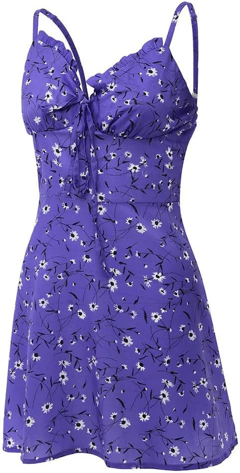 Women's Floral Print A Line Cami Dress Romper Spaghetti Strap Smocked Jumpsuit Tie Front Holiday Short Midi Dresses
