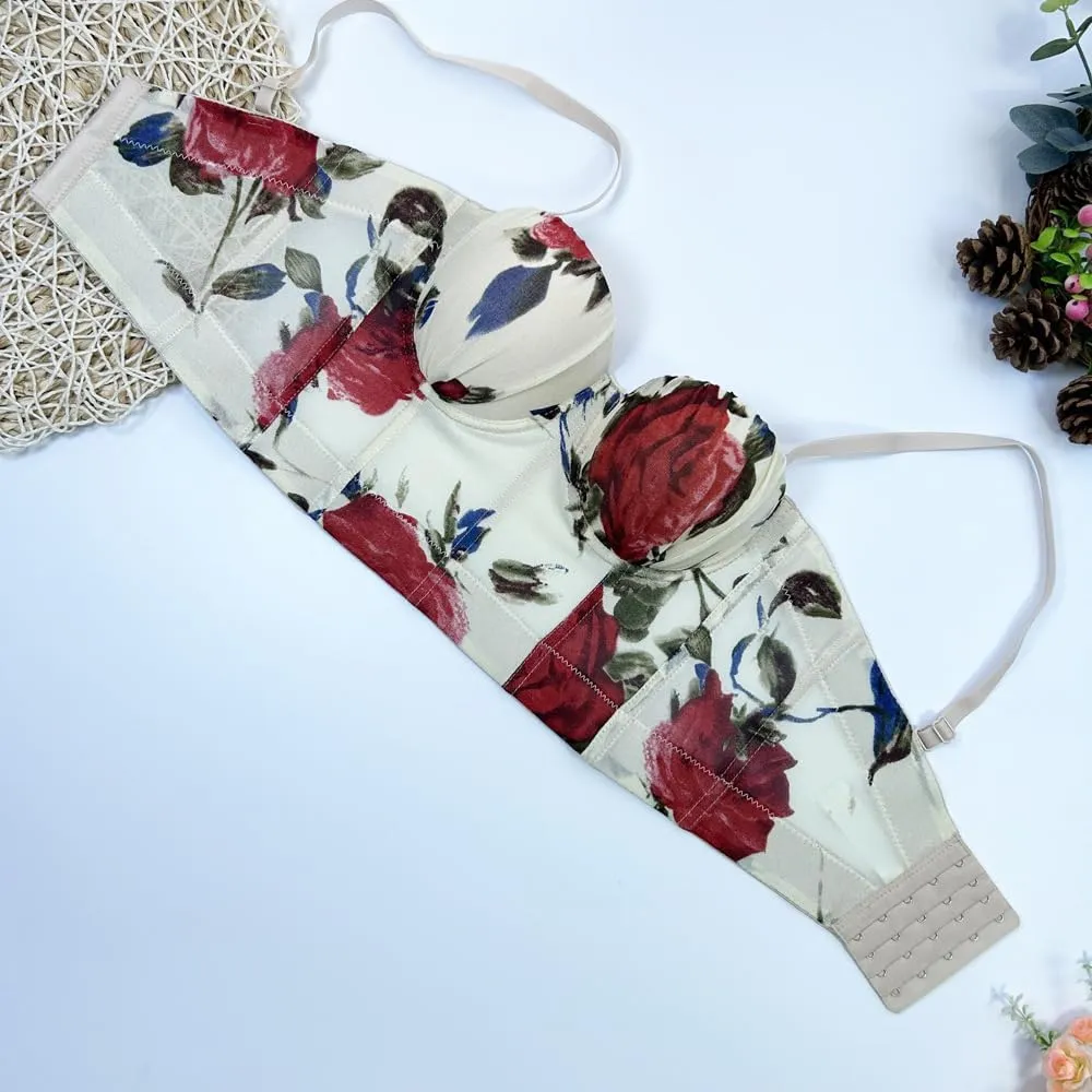 Women's Floral Print Sleeveless Spaghetti Strap Bustier Corset Crop Top Padded Push Up Going Out Tops