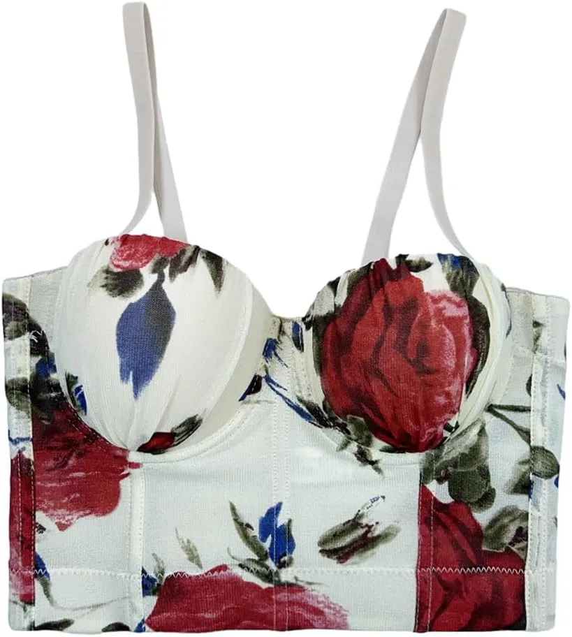 Women's Floral Print Sleeveless Spaghetti Strap Bustier Corset Crop Top Padded Push Up Going Out Tops