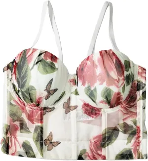 Women's Floral Print Sleeveless Spaghetti Strap Bustier Corset Crop Top Padded Push Up Going Out Tops