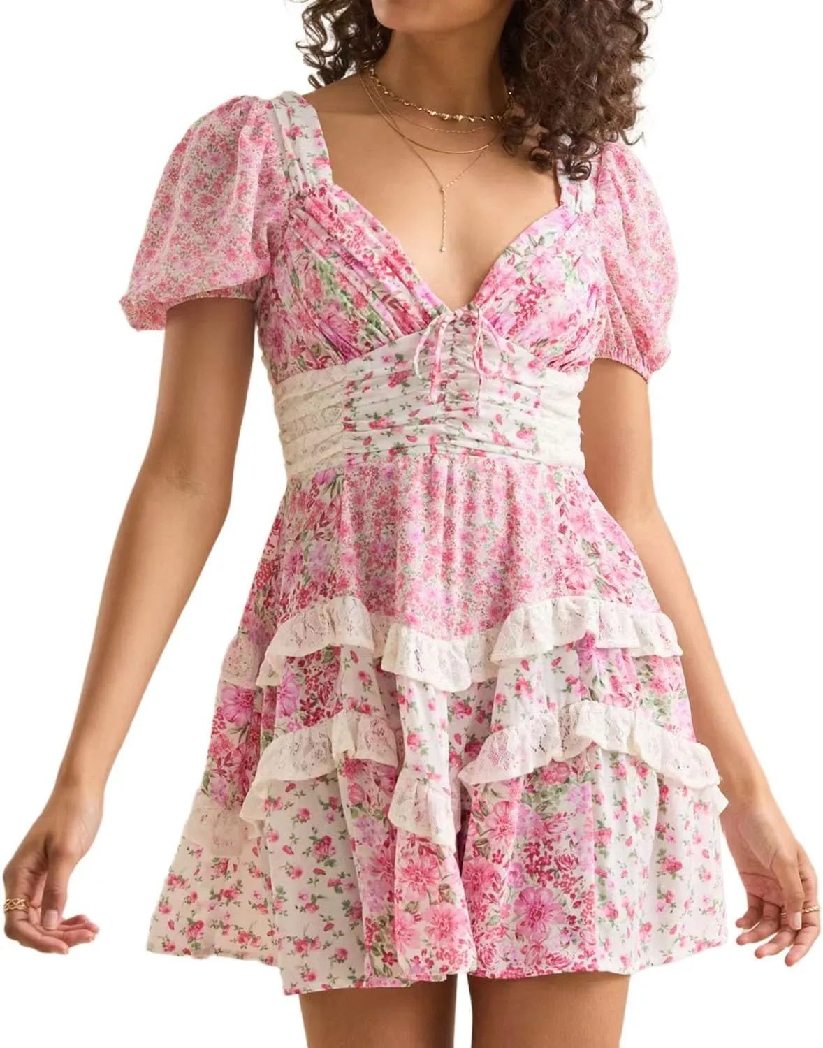 Women's Floral Ruffle Tiered Mini Dress V Neck Puff Sleeve Backless Short Dresses Boho Smocked Layered Swing Dress