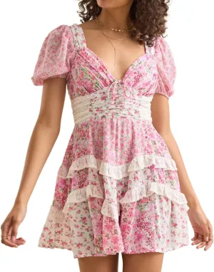 Women's Floral Ruffle Tiered Mini Dress V Neck Puff Sleeve Backless Short Dresses Boho Smocked Layered Swing Dress