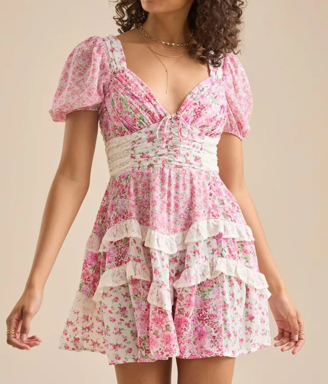 Women's Floral Ruffle Tiered Mini Dress V Neck Puff Sleeve Backless Short Dresses Boho Smocked Layered Swing Dress